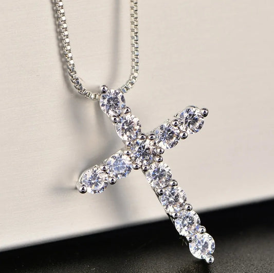 Crystal Cross Pendant Silver Necklace