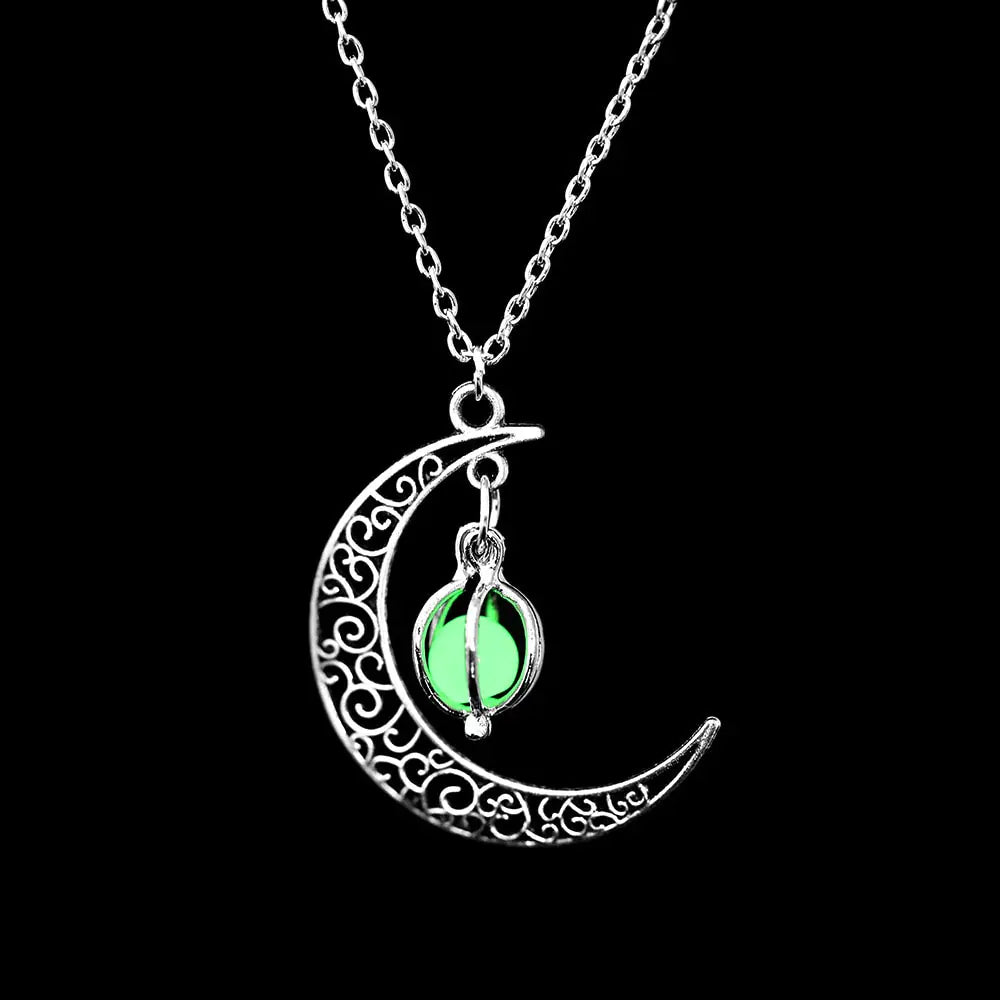 Moon Pendant Necklace w/ Natural Glowing Stone