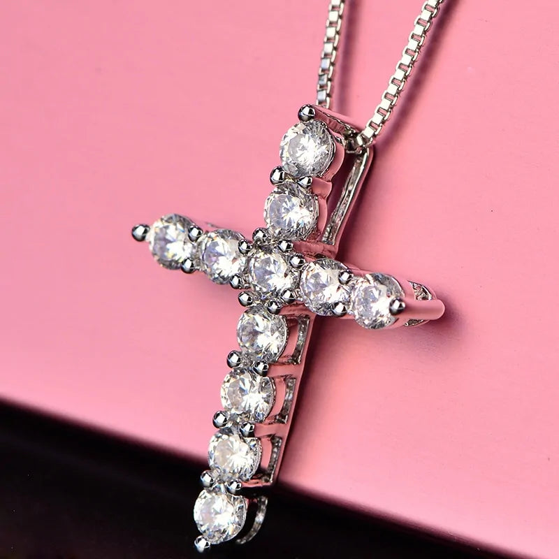 Crystal Cross Pendant Silver Necklace
